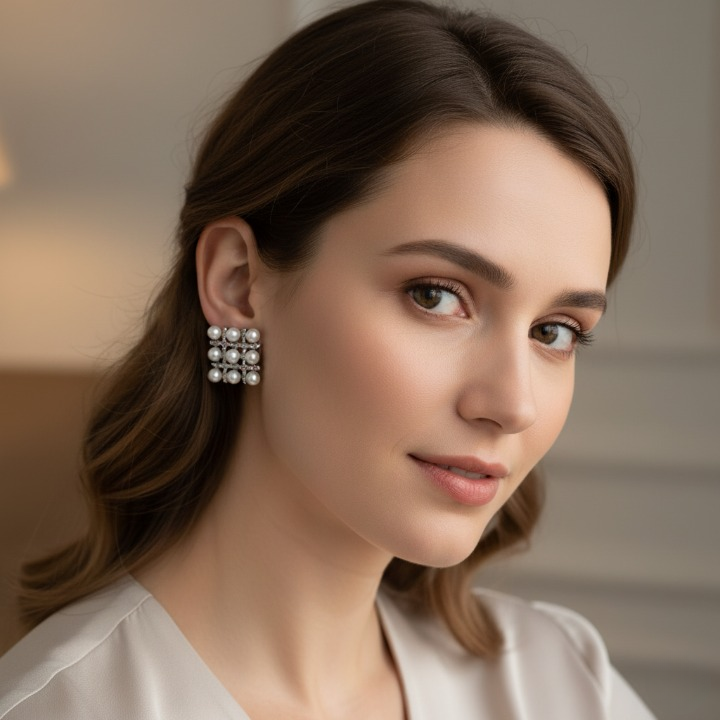 Pearl Square Korean Earrings – Elegant Women’s Fashion Jewelry in Silver and Golden Colors PJT-106