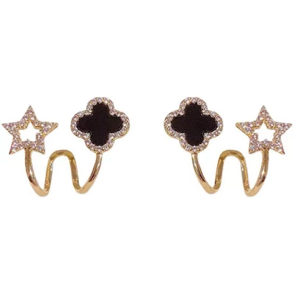 Sparkling Clover Star Earrings – Gold Plated Fashion Jewelry with Black Enamel & Crystal Detailing ( PXJ-107)