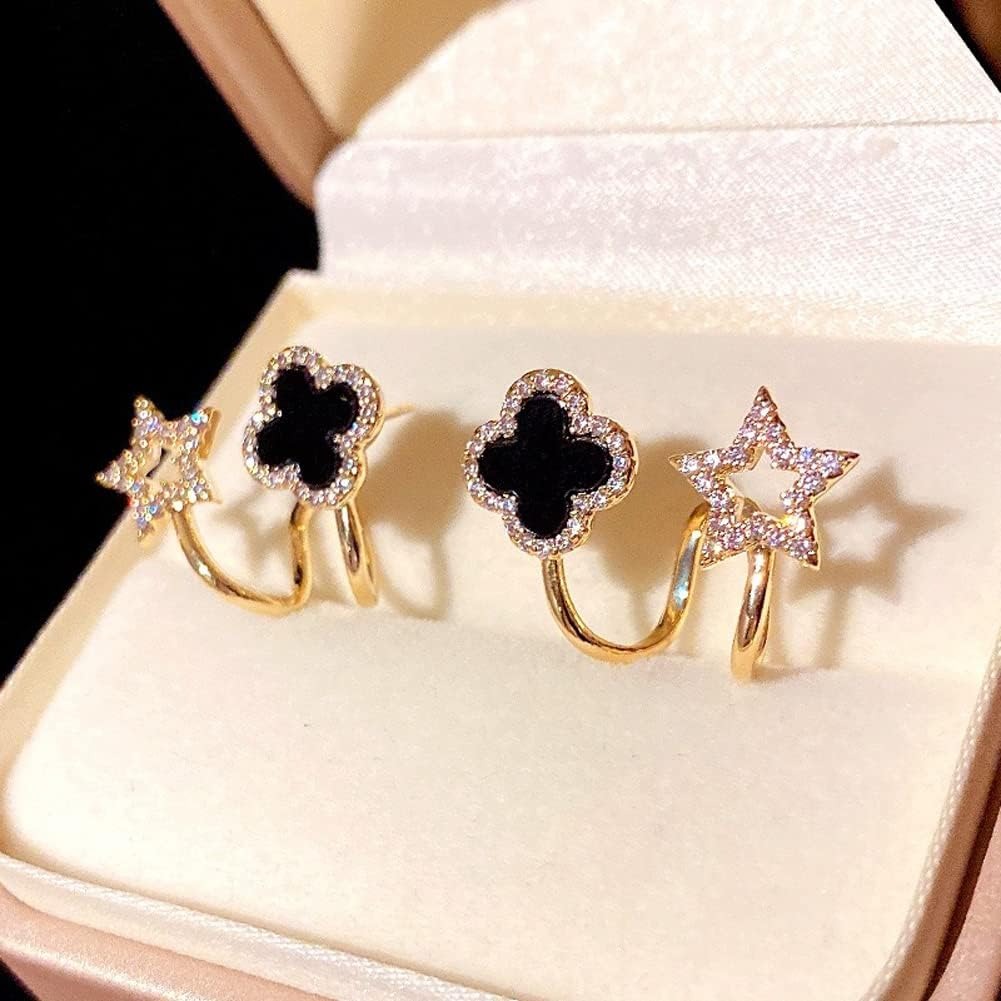 Sparkling Clover Star Earrings – Gold Plated Fashion Jewelry with Black Enamel & Crystal Detailing ( PXJ-107)
