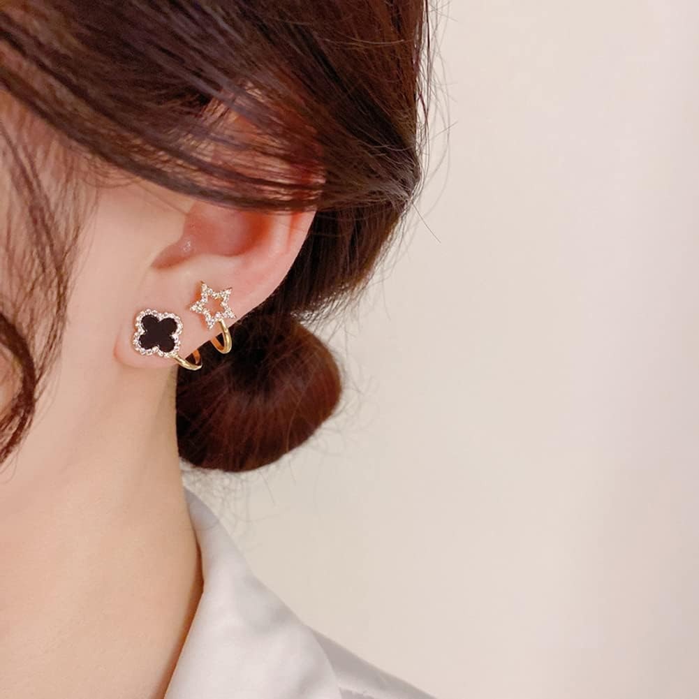 Sparkling Clover Star Earrings – Gold Plated Fashion Jewelry with Black Enamel & Crystal Detailing ( PXJ-107)