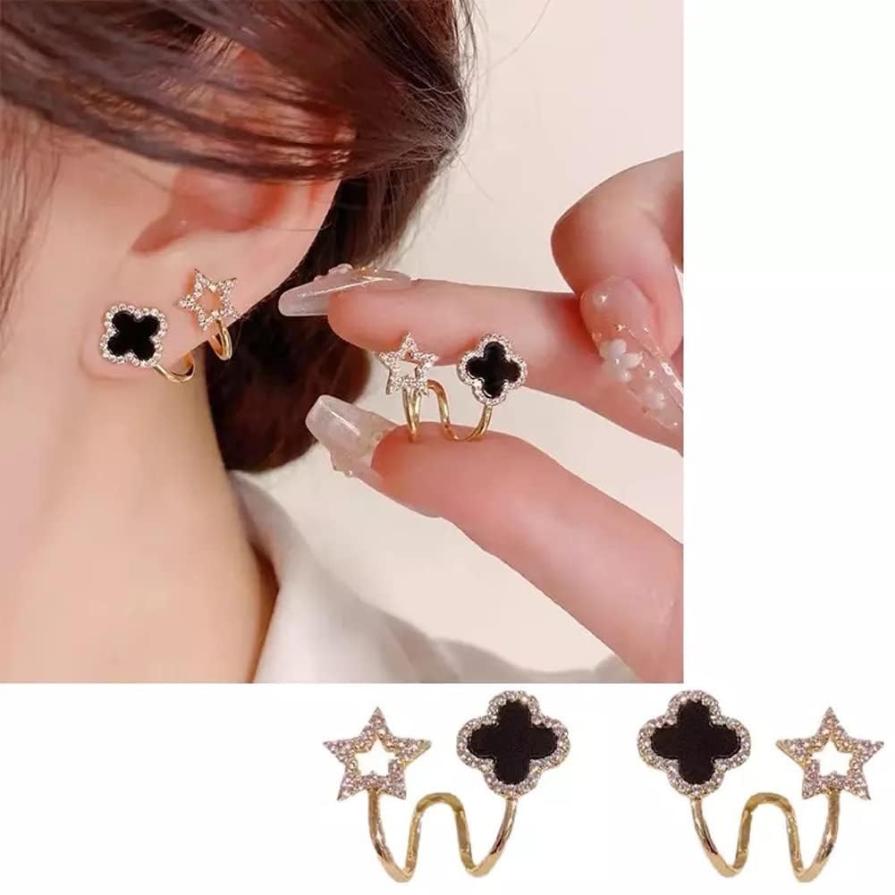 Sparkling Clover Star Earrings – Gold Plated Fashion Jewelry with Black Enamel & Crystal Detailing ( PXJ-107)